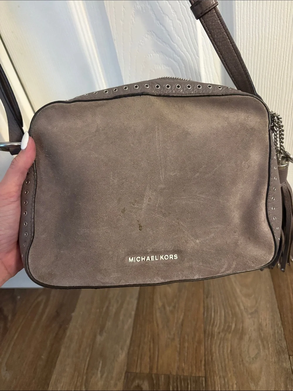 Michael Kors Taupe Leather Messenger with Tassel Accent